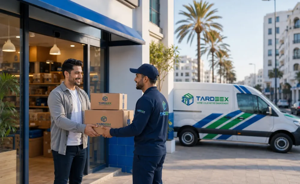 Ramassage des colis 1 Livreur Tardeex récupérant des colis auprès d’un e-commerçant au Maroc