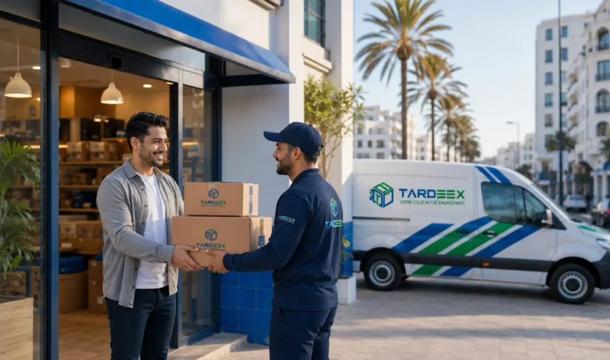 Ramassage des colis 1 Livreur Tardeex récupérant des colis auprès d’un e-commerçant au Maroc